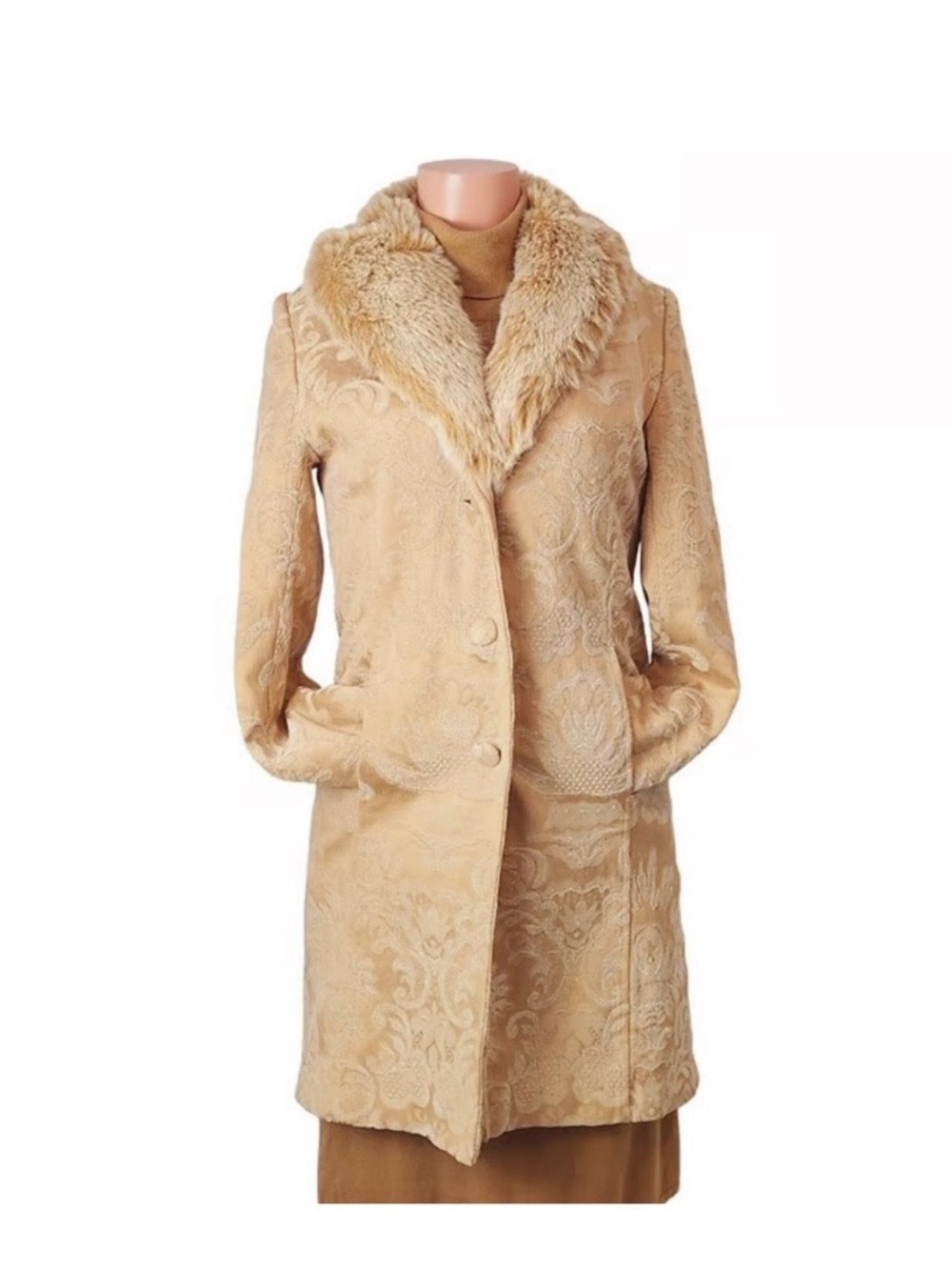 Vintage Merona Cream Brocade Trench Coat with Faux Fur Collar